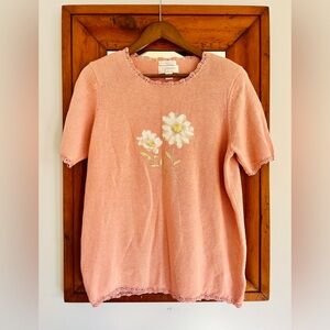 Late 90s/Y2k Vintage Peach Sweater with Embroidered Floral Design